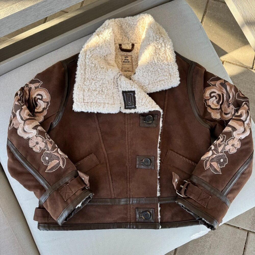 New Free People Andies Suede Vegan Embroidered Sherpa Lined Jacket Brown XS